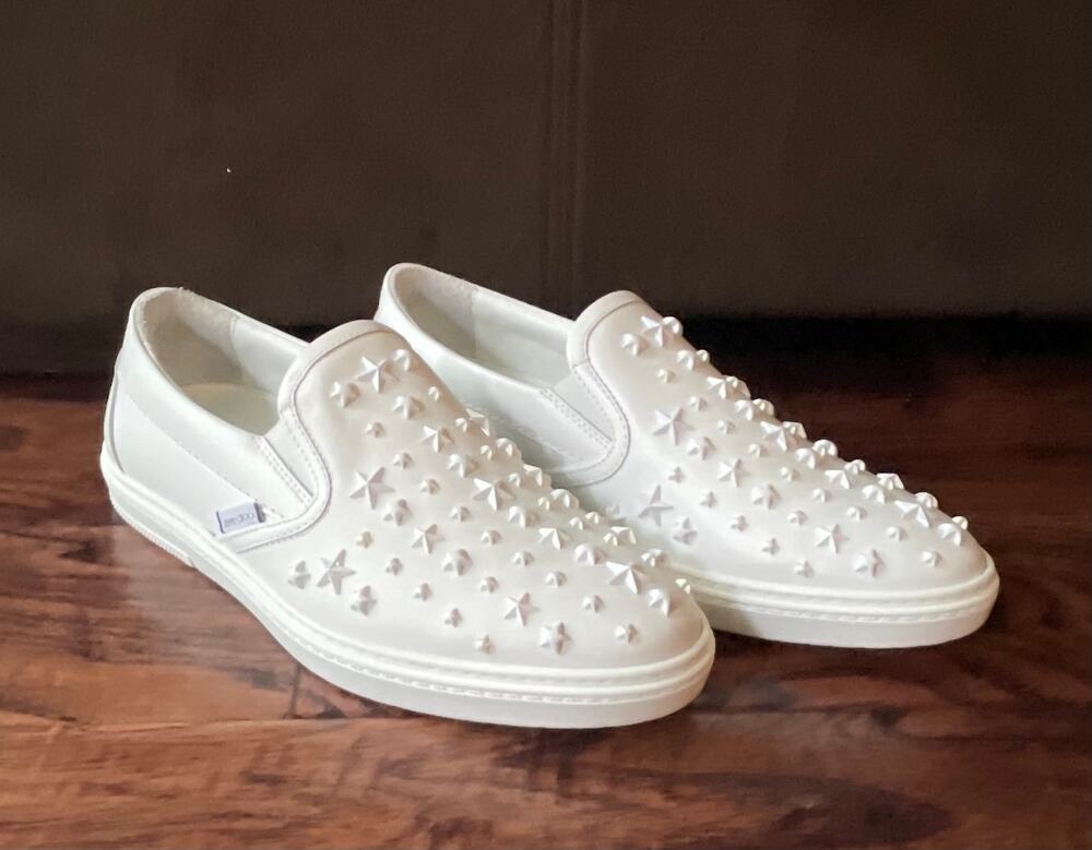 $995 NIB Jimmy Choo White Slip-On Star-Studded Leather Sneakers Size 41(8)